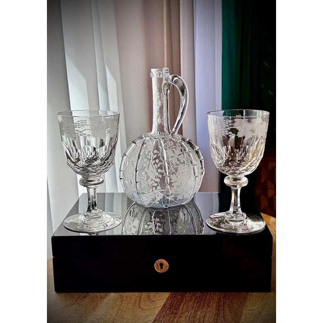 Antique Engraved Glass Claret Jug with Crystal Wine Goblets, 1890s, Set of 3 For Sale - Image 18 of 18