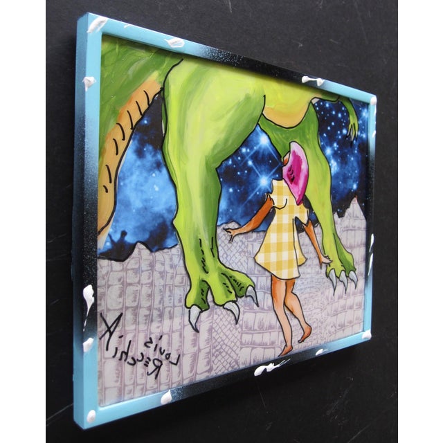 This artwork features a whimsical scene where a young girl, dressed in a checkered dress, gazes up in awe at a giant green...