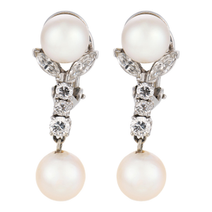 Vintage Pearl Diamond 14k White Gold Drop Earrings, Pair