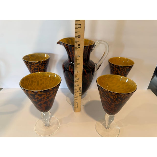 Mid 20th Century Vintage Handcrafted Art Heavy Glass Murano Style Leopard Pitcher With 4 Goblets For Sale - Image 5 of 12