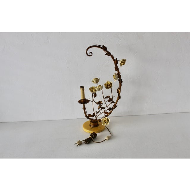Italian Gilded Tole Porcelain Yellow Roses Leaf Vine Marble Base Table Accent Lamp Vintage Mid-Century For Sale - Image 14 of 17