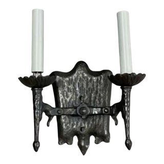 1920 Tudor Arts and Crafts Double Sconce Blackened Cast Iron by Levolite For Sale