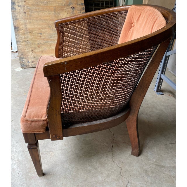 Vintage Dusty Rose Upholstered Cane Back Barrel Accent Chair For Sale - Image 9 of 11