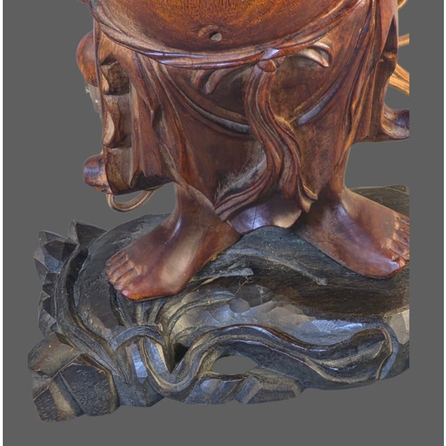 Early 20th Century Antique Hand Carved Hardwood Hotei Happy Joyous Buddha Arms Raised Holding a Lotus Flower Table Lamp For Sale - Image 5 of 16
