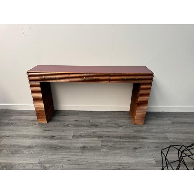 Red Three Drawers Fluted Wood Console Table with Crimson Red Glass Top, 1970s For Sale - Image 8 of 9