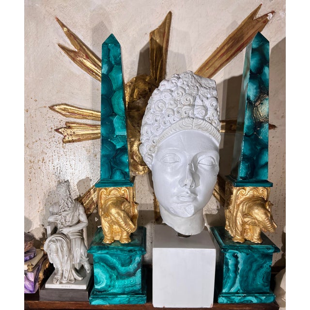 Pair of Grand Tour Faux Malachite Hand Painted & Gilded Obelisks of Minerva For Sale - Image 12 of 13