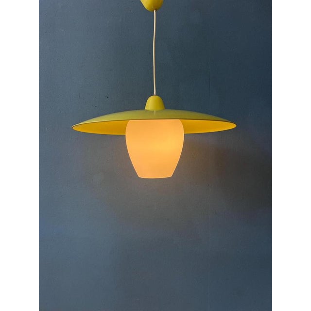 Mid-Century Modern Opaline Glass Pendant Lamp with Yellow Metal Shade For Sale - Image 13 of 13