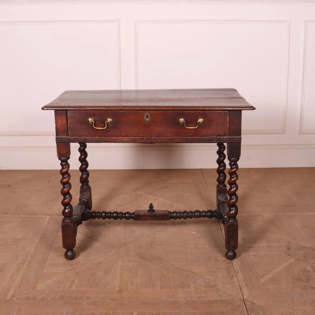 18th C English oak 1 drawer lamp table with barley twist legs. 1760 This piece is designed in the style of the selected...