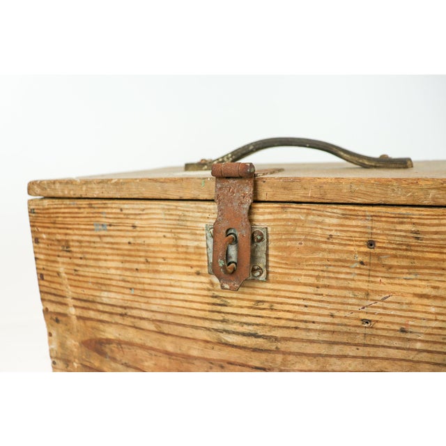 Brown Antique Wooden Tool Chest With Leather Handle and Turquoise Paint For Sale - Image 8 of 11