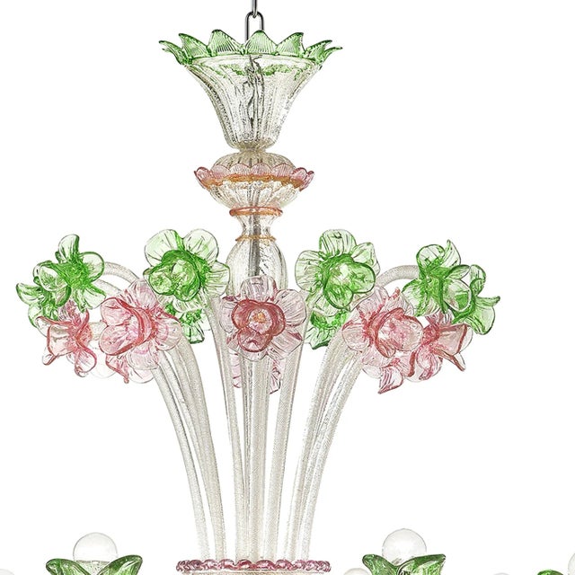 Venetian Romantic pink and green Floreal "cà Rezzonico" Chandelier in Murano glass. The Silver Leaf is melt inside. it...