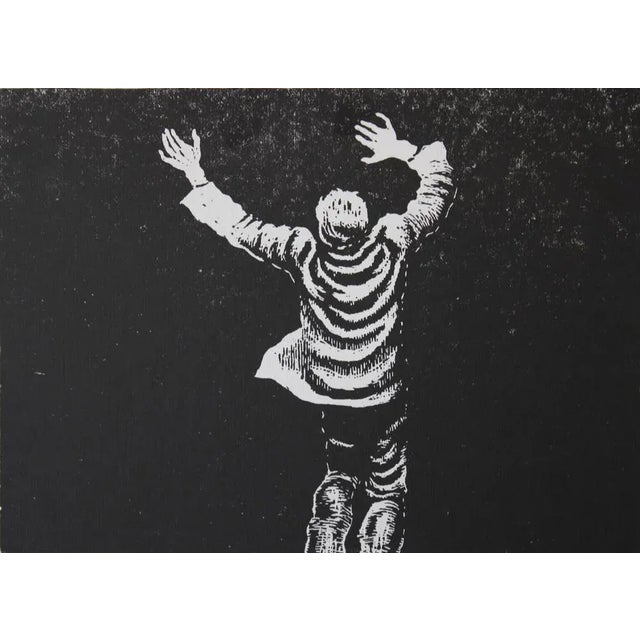 Wall 1968, paper, linocut, 20.5x28 cm The linocut print depicts a boy standing in what appears to be a dark or shadowy...