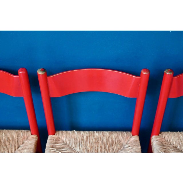 1960s Vintage Italian Chairs in Red Lacquered Wood and Woven Straw, 1960s, Set of 4 For Sale - Image 5 of 18