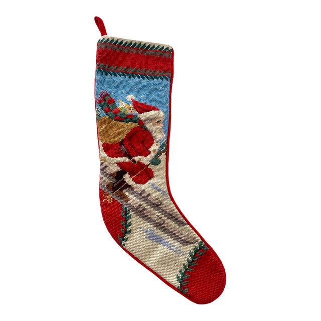 Vintage Skiing Santa Claus 100% Wool Needlepoint Christmas Stocking 1991 Peking Handicraft Excellent Condition For Sale