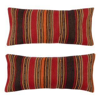 14"x28" SET OF 2 - Hand-Woven Kilim Cushion Covers. Vintage Lumbar Pillow Covers For Sale