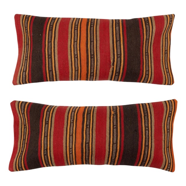 14"x28" SET OF 2 - Hand-Woven Kilim Cushion Covers. Vintage Lumbar Pillow Covers For Sale