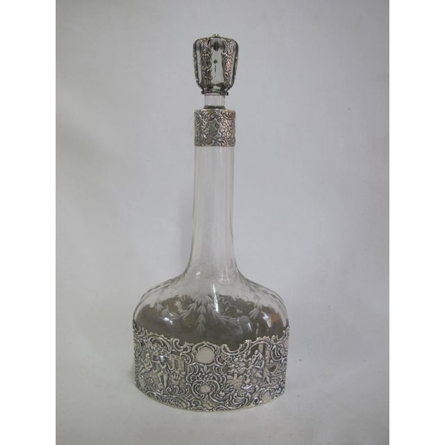 Traditional Antique Mauser Sterling Silver Repousse Cherub Overlay Etched Crystal Decanter For Sale - Image 3 of 13