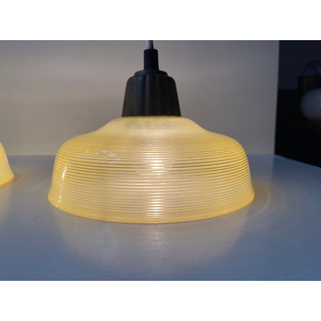 Vintage Art Deco Brass and Striped Yellow Glass Pendant Lamps from Lyfa, 1940s, Set of 2 For Sale - Image 11 of 13