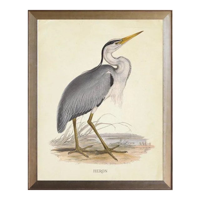 Heron in Distressed Metallic Frame 17x21 For Sale