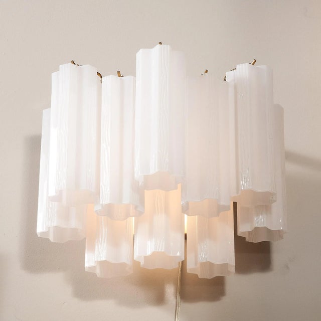 Mid-Century Modern Pair of Mid-Century Modernist Opaline Two-Tier Stepped Tronchi Sconces For Sale - Image 3 of 12