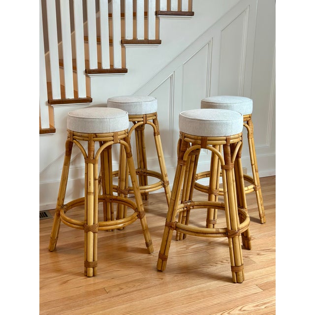 1970s Calif-Asia Natural Honey Rattan Round Barstools - Set of 4 For Sale In Detroit - Image 6 of 10