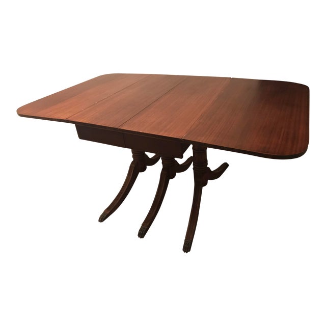 1930s Traditional Duncan Phyfe Mahogany Three Pedestal Drop Leaf Dining