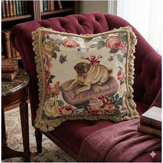 Brunschwig & Fils Hand Made Needlepoint Pug Dog Pillow Cover #1 With Velvet Back, Tassel Trim & Zip Closure – See Photos! Cottage Core - Match May Still Be Available. For Sale - Image 4 of 9