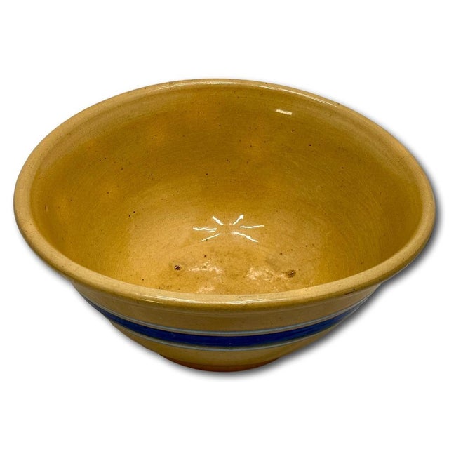 Late 19th Century Antique Thick Yellow Ware 12 Inch Kitchen Mixing Bowl With Unusual 2 Color Blue Banded Decoration - Late 1800s. For Sale - Image 5 of 18