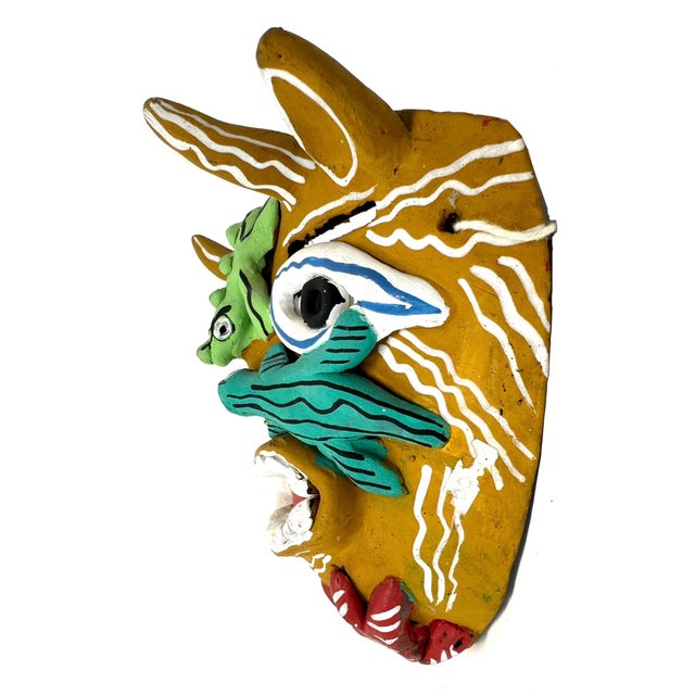 Mustard-Colored Clay Devil/Diablito Mask From Ocumicho - 8" H X 7" W X 4" D For Sale - Image 4 of 8