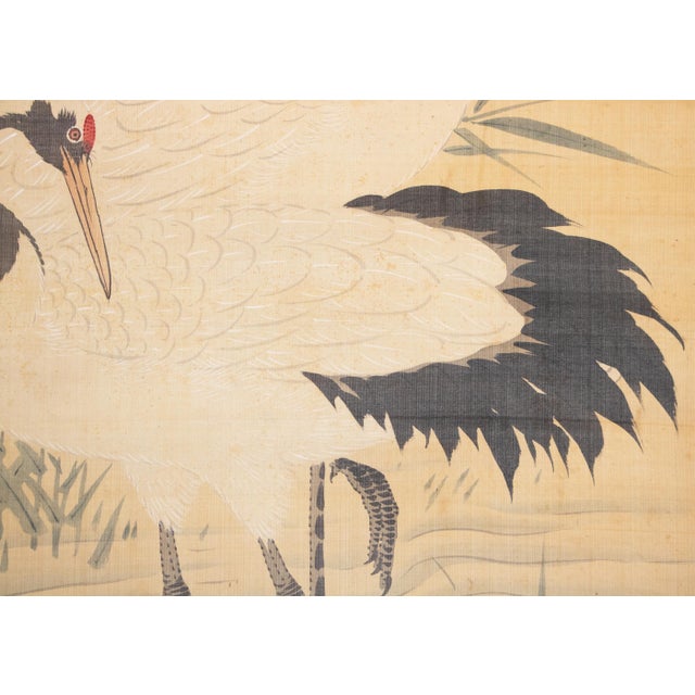 XL Meiji Era "Two Cranes" by Kishida Kinkoku, Japanese Silk Scroll Painting in Wooden Case For Sale - Image 10 of 17