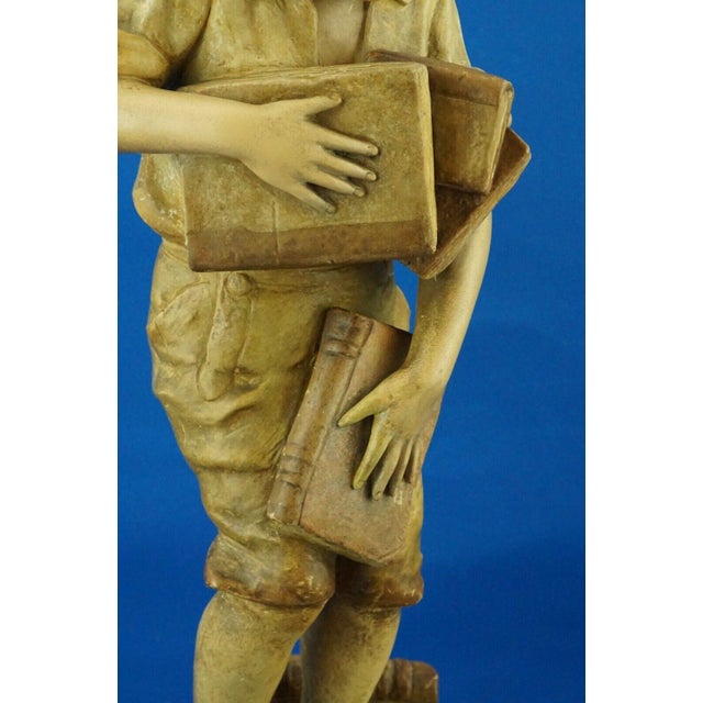 19th Century Terracotta Sculpture Child with Books by Otto Petri for Goldscheider, Austria, 1800s For Sale - Image 15 of 18