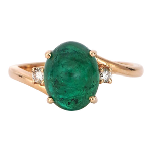 14k Yellow Gold Ring With 3.33ct Cabochon Emerald and Diamonds
