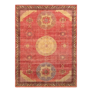 Rug & Kilim’s Distressed Khotan Style Rug in Red, Beige Medallion Pattern For Sale