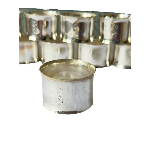 Mid-Century Modern Vintage Mid-Century Modern Silver Plate Napkin Rings With Engraved “S” Monogram - Set of 12 For Sale - Image 3 of 7