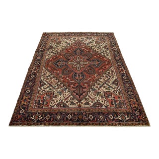 Heriz Rug 9′ X 10’5” Red Wool Vintage Tribal Hand-Knotted Oriental Carpet For Sale