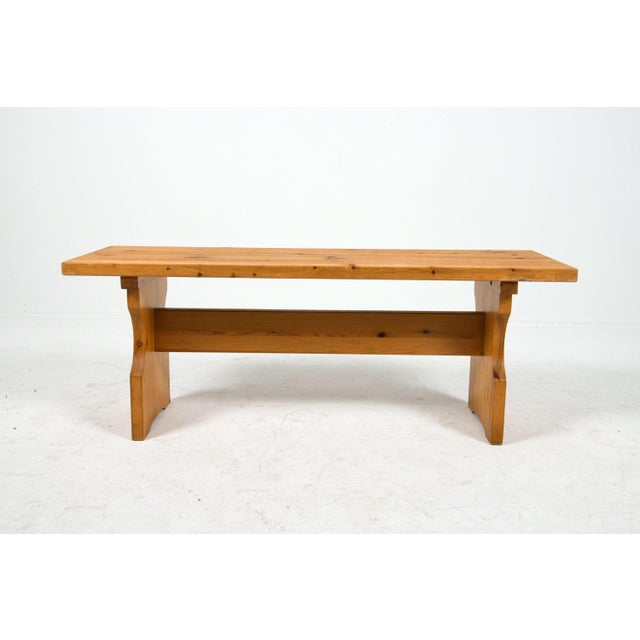 Beautiful scandinavian bench with pine plank top and legs with a stretcher. Scandinavian, circa 1970s. This versatile...