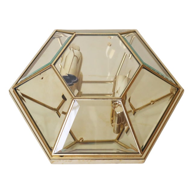 Hexagonal Gold-Plated Flush Mount or Wall Lamp with Faceted Glass, Italy, 1980s For Sale