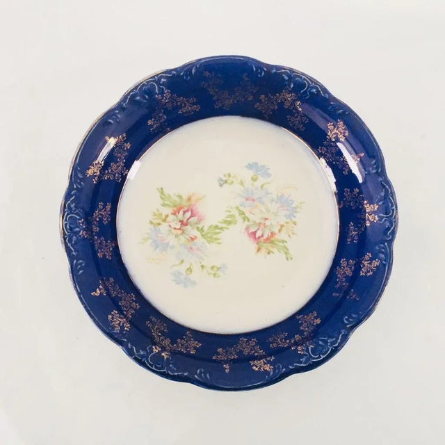 Antique English Porcelain Dark Blue with Flower and Gold Decoration Serving 9"D X 2"H Bowl Makers mark reads "TRENT WOOD &...