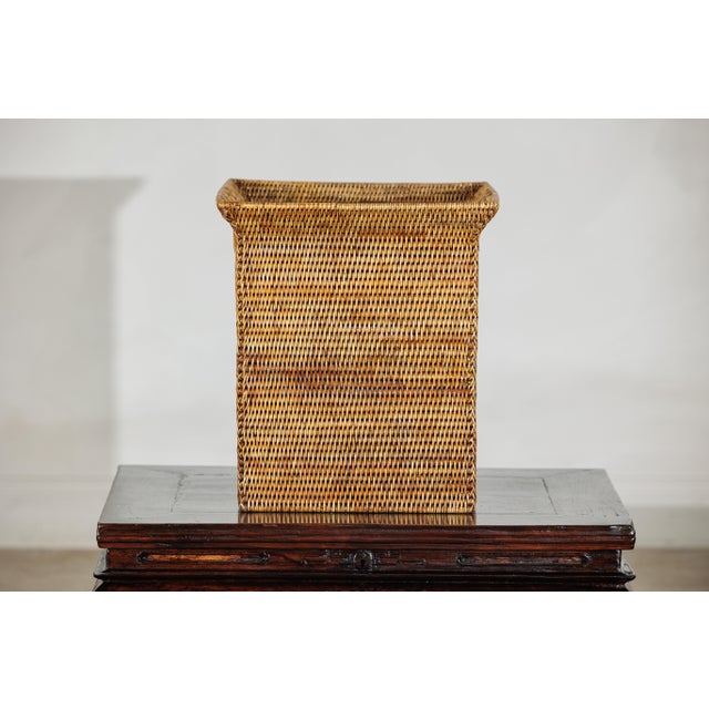 Brown Country Style Square Handwoven Rattan Basket with Flared Rim and Side Handles For Sale - Image 8 of 18