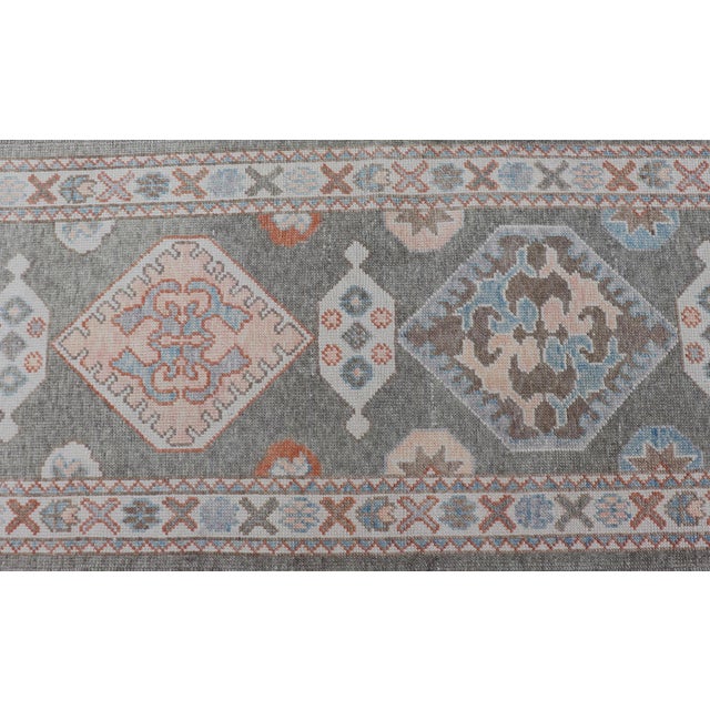 Turkish Oushak Runner in Soft Coral, Slate Gray, and Ivory With Geometric Design For Sale - Image 10 of 13