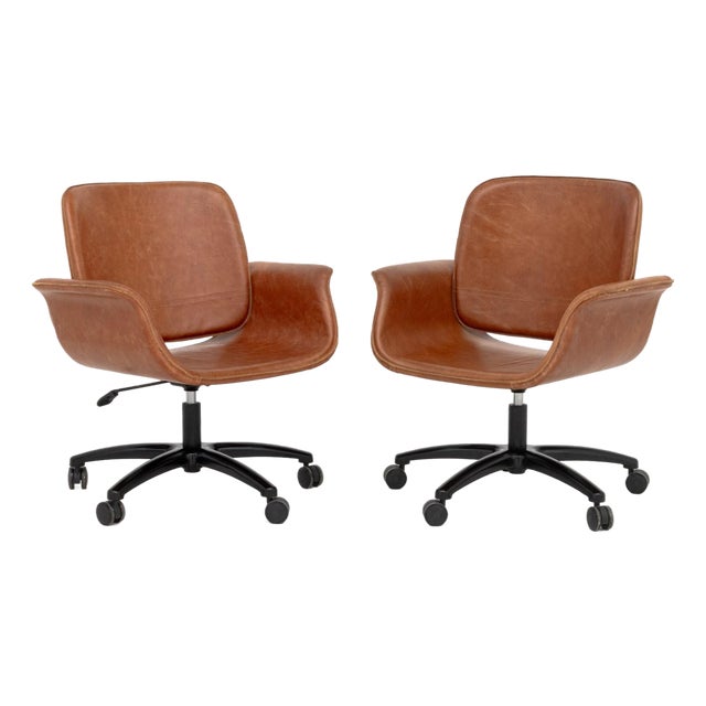 Modern Tan Leather Adjustable Desk Chairs, Pair For Sale