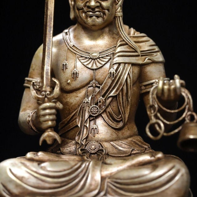 Metal Vintage Silver-Plated Bronze Acala Statue Buddhist Fudo Myoo Sculpture 3.9" For Sale - Image 7 of 9