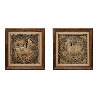 Vintage Mid-Century Burmese Kalaga Tapestries Featuring Embroidered Horse Motifs For Sale