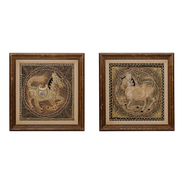 Vintage Mid-Century Burmese Kalaga Tapestries Featuring Embroidered Horse Motifs For Sale