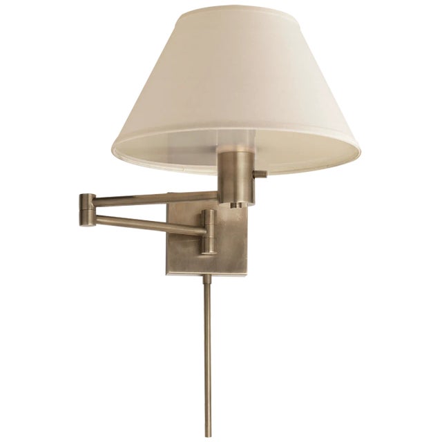 Classic Swing Arm Wall Lamp in Antique Nickel with Linen Shade Height: 11" Extension: 25" Backplate: 4.5" Square Mounting:...