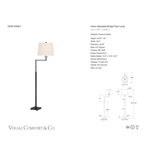 Suzanne Kasler by Visual Comfort Signature Greer Adjustable Bridge Floor Lamp in Bronze with Linen Shade Designer: Suzanne...