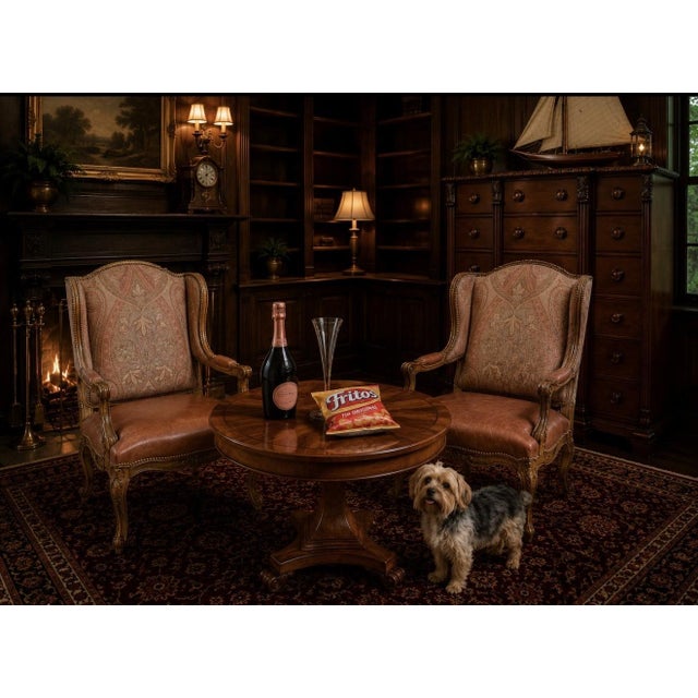 A Pair of Custom Ralph Lauren Wingback Lounge Chairs Upholstered in Leather and Paisley For Sale - Image 11 of 18
