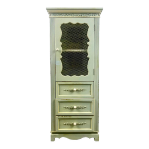French Provincial Style Mid-Century Distressed Green Cabinet With Three Drawers