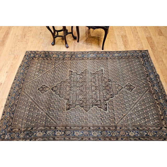 Antique Persian Senneh Area Rug, Hand-Knotted Wool, Paisley Medallion Pattern, Chocolate Brown & Light Blue, 4x7 For Sale - Image 13 of 13