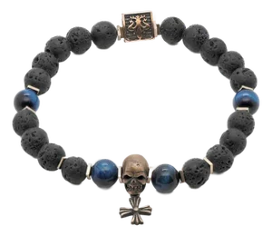 Skull Charm Fleur de Lis Symbol Black Beaded Bracelet
