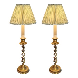 Pair of 18th Century English Brass Barley-Twist Candlestick Lamps For Sale